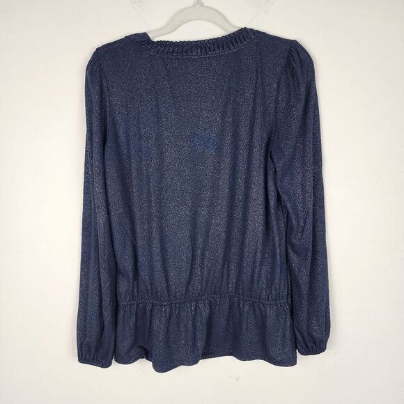 Jones New York Metallic Top Navy Silver Peplum Long Sleeve Pullover Size MP - Picture 3 of 15